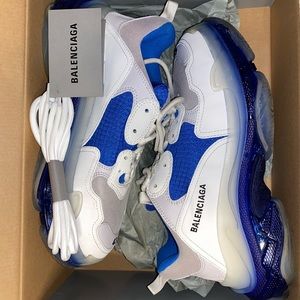 Balenciaga Mens White and Blue Triple S Sneakers